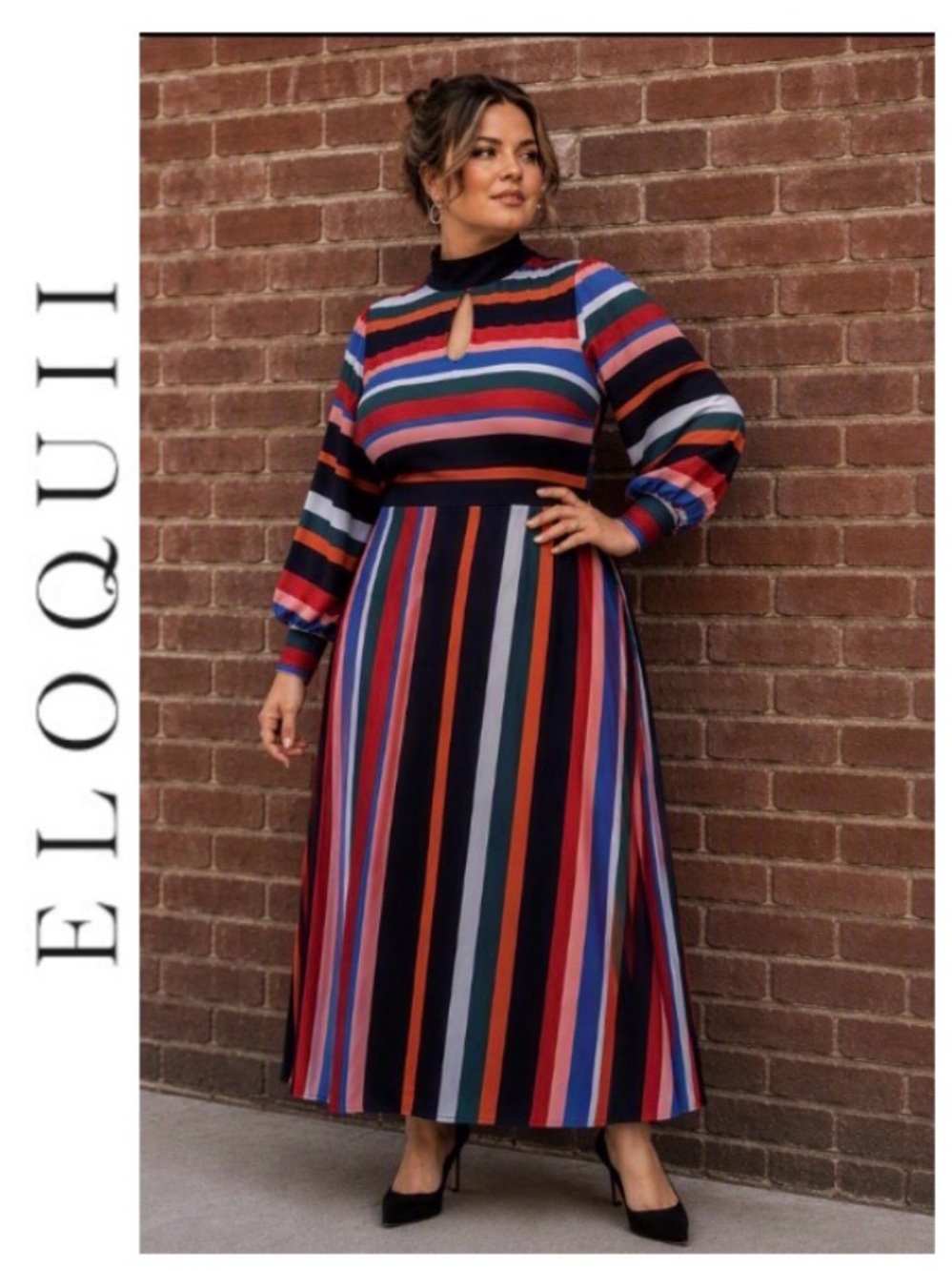 28W Eloquii A-line Balloon Sleeve Striped Dress with Tie Neck, NWT